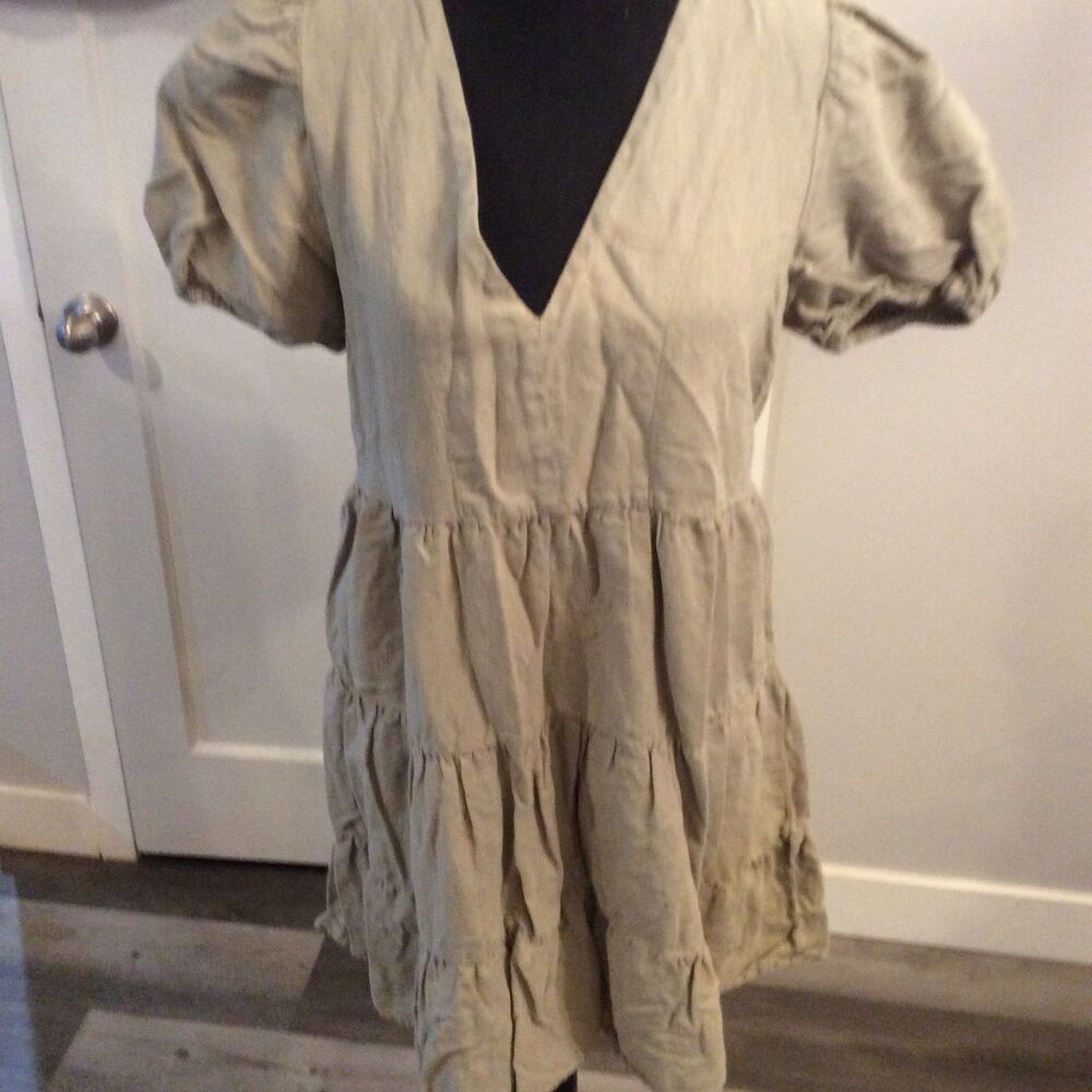 Zara Medium M V Neck Linen blend Puffed Sleeves Dress Womens